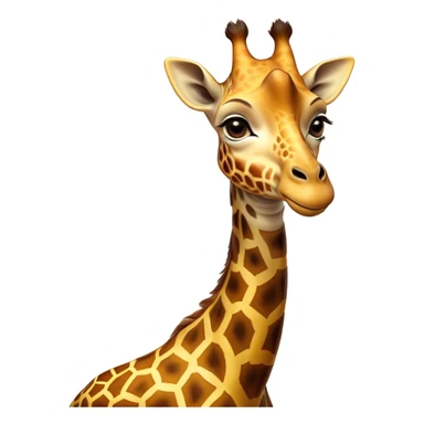 Cinematic Noble Giraffe Portrait Emoji, Poised and regal, with a towering, elegant build and a stunning, patterned Fur of warm yellows and browns, long, graceful neck and soulful, gentle eyes, Simplified yet sharp and sophisticated features, highly detailed, glowing with a soft, dignified glow, high shine, intelligent and graceful, stylized with an air of savannah majesty, focused and attentive, soft glowing outline, capturing the essence of a watchful and confident giant, so majestic it feels as though it could stretch out of the screen with effortless authority! sticker