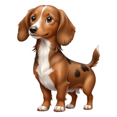 Spotted brown and white longhaired dachshund standing up on two legs sticker