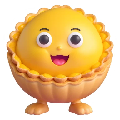 cute 3D egg tart character with golden crispy tart shell, jiggly custard face, big watery eyes, expressive cartoon mouth, pastel color palette, chubby cheeks, comical exaggerated emotion, soft lighting, glossy textures, kawaii style sticker