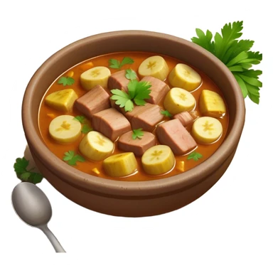 Cinematic Realistic Sancocho Antioqueño Emoji, depicting a hearty Colombian stew brimming with tender cuts of meat, yuca, plantains, corn on the cob, and potatoes in a rich, flavorful broth. Served in a rustic clay bowl with fresh cilantro and lime on the side, rendered with warm, inviting textures and homely, comforting lighting. sticker