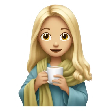 young girl with long blond hair sits drinking tea wrapped in a blanket sticker