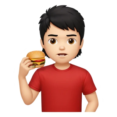 generate a pretty fair bratz boy with a messy mullet (black hair), wearing a red tshirt. eating a burger and fries, big biceps sticker