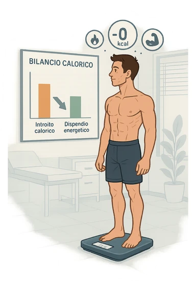 a man stands on a digital scale, looking at a nutrition chart that shows his daily calorie intake is lower than his energy expenditure. Floating icons above his head display a negative calorie balance, and his body appears slightly leaner, with visible muscle definition. The background is a modern clinic, emphasizing the concept of caloric deficit. scritto in italiano sticker