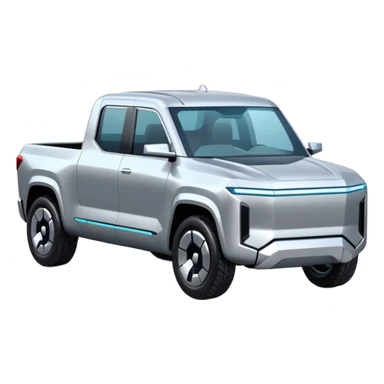 A futuristic electric pickup truck emoji, silver chrome body, angular cyber design, smooth metallic panels, subtle reflections, minimalistic proportions, iOS emoji style, centered composition, clean white background, soft lighting sticker