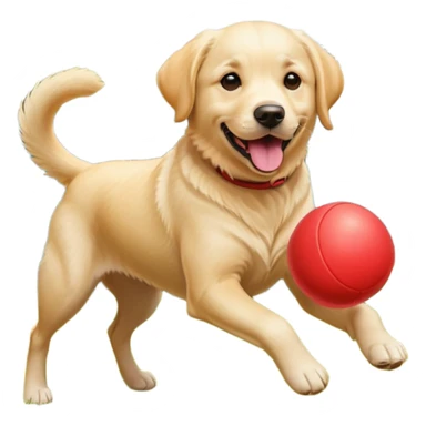 A Labrador Retriever playing fetch with a ball in a backyard garden, mid-action with joyful expression. Natural sunlight, realistic motion blur, outdoor realism. sticker