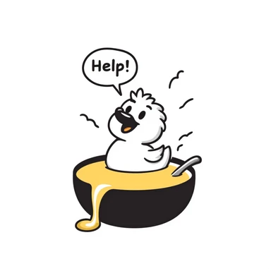 hand-drawn doodle of a duckling in honey, speech bubble 'help!' sticker