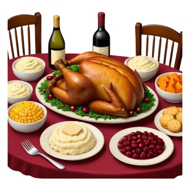 Thanksgiving Dinner with friends of all different races; have the food be a cooked turkey, mashed potatoes, corn, a basket of biscuits, a small bowl of cranberry sauce, baked yams, steamed vegetables, and a bottle of wine. sticker