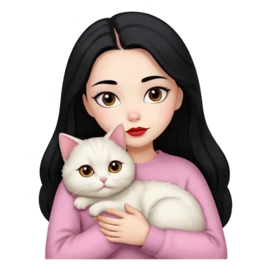 Beautiful Girl Long Hair black, Brows Big , Skin White, Sweater Pale Pink , Big Red Lips, Eyes coffe, Hug Little baby Persa Cream Cat With Cute Eyes sticker