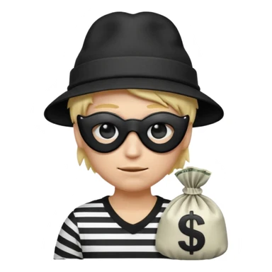 Realistic ios emoji-style portrait of a classic burglar, a black eye mask and a black-and-white striped shirt. emoji-like hair, black hat, a bag of money 💰 with a dollar sign in a right corner, mean expression  sticker