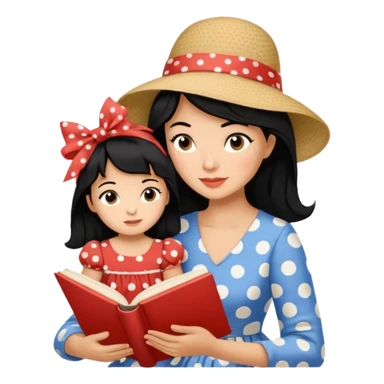 A black hair mother in a ribboned hat wearing polka dot dress reading a storybook to her child. sticker
