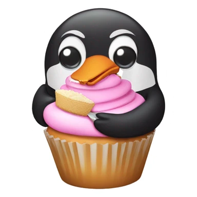 Pink pinguin eating a cupcake sticker