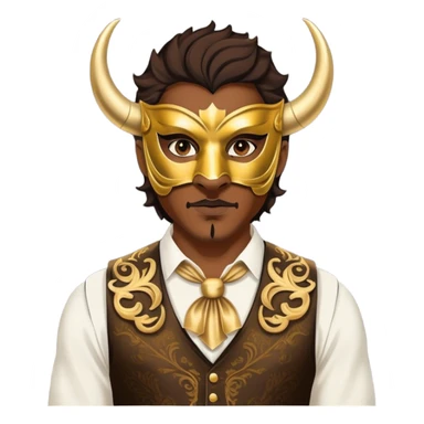 a man, with a vest,  wear half-face golden Buffalo masquerade mask sticker