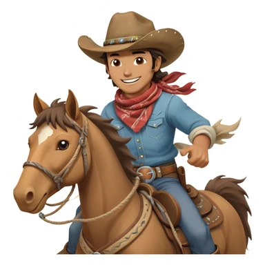 clash-of-clans-aesthetic_-cinematic-playful-cowboy-portrait-emoji, head-tilted with a roguish, cheeky grin and twinkling eyes, featuring a rugged, spirited build with a wide-brimmed cowboy hat and a weathered bandana on tan skin, riding a powerful galloping horse with dynamic flowing mane, reins gripped firmly in one hand and a lasso in the other, as dust swirls behind them in a vast desert landscape. sticker