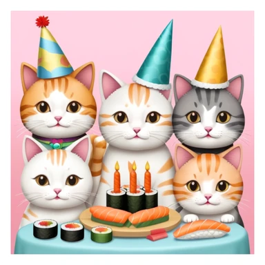 Nine cats eating sushi at a birthday party sticker