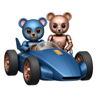  Space-weathered/Carbonized Metallic dark blue and rosegold-accented  racing car for furry-faced grey bearded evil alien scary robot teddy bear and passenger with custom aero body and rear spoiler (Star Wars style) sticker