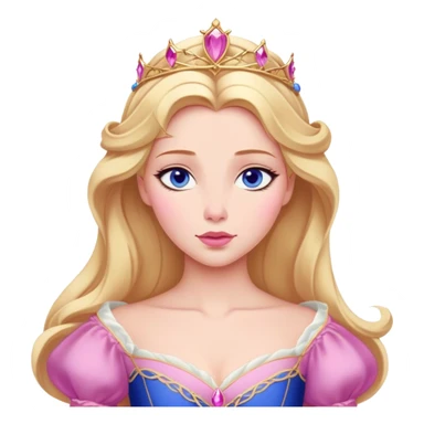 Cinematic Realistic Sleeping Beauty (Aurora) Portrait, with porcelain-like skin featuring a natural rosy flush, illuminated by soft lighting that highlights the gentle contours of her face. Her golden blonde hair flows in soft, detailed waves with subtle highlights that shimmer in the light. Her deep violet-blue eyes radiate warmth and innocence, framed by arched brows and long lashes. Her serene expression exudes quiet elegance. She is dressed in her classic pink gown, the fabric rich in texture with delicate folds that catch the light. A golden crown rests atop her head, gleaming with royal refinement. The portrait captures a soft, glowing aura, blending realism with an ethereal sense of beauty and timeless enchantment. sticker