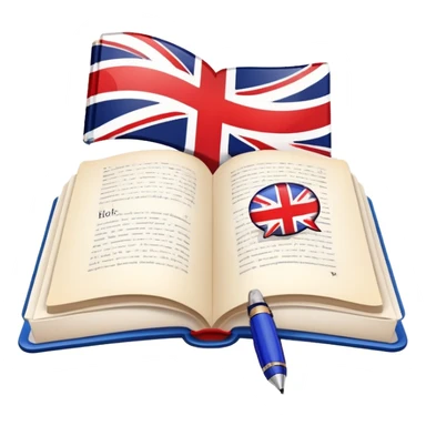 An icon featuring an open book with English words and phrases, a speech bubble with 'hello', and a British flag. The design includes a pen, alphabet letters, and grammar symbols, symbolizing the study and mastery of the English language. Transparent background. sticker