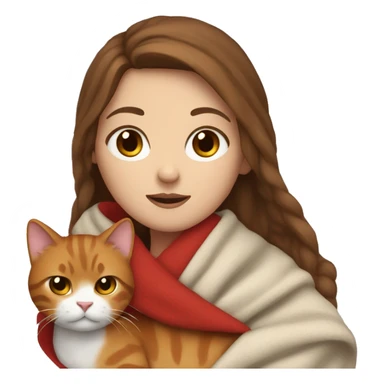 A white girl with brown hair wrapped in a blanket with a red cat sticker