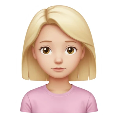 A cute emoji-style girl with light blonde hair and a soft pink t-shirt, looking thoughtfully into the distance, gentle expression, slightly furrowed brows, dreamy eyes, clean white background, simple and smooth vector-like design, pastel tones, 2D flat illustration, high clarity, emoji aesthetic sticker