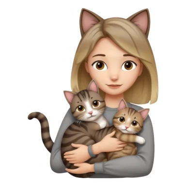 Une femme avec les cheveux dégradée, brun et blond, qui fait un câlin à son chat qui est gris, tigré avec les extrémités oreille patte et queue noir  sticker