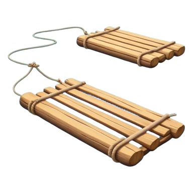 showing a simple wooden raft floating on calm blue water — made of several brown logs tied together with rope — gentle ripples around it — bright, cheerful lighting and soft shadows — minimalist, clean emoji design sticker