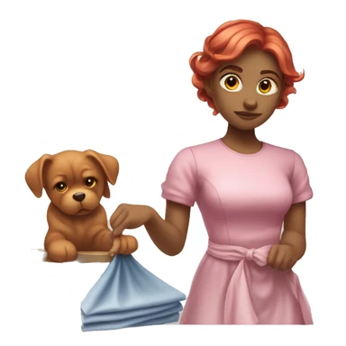 "A beautiful girl with red hair and fair skin, wearing a pink dress, cleaning another dress with a cloth. She is focused on the task and looks determined."






 sticker