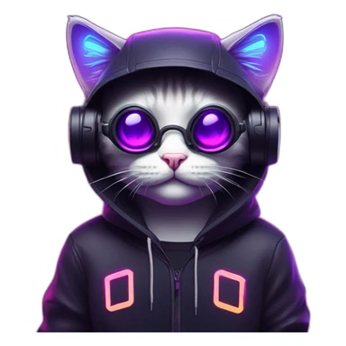 funny cat wearing a black hoodie with "OMG" letters on it and VR headset in a cyberpunk VR environment with violet neon lighting. sticker