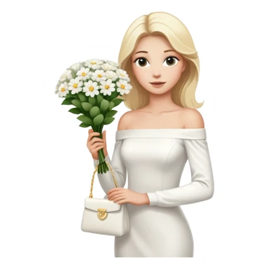 blonde woman in a white off-shoulder dress with long sleeves and a bouquet of white flowers in a white bag in her right hand sticker
