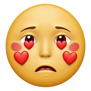 A yellow circular frowning face that is crying, with a dozen hearts floating from top to bottom in front of it sticker
