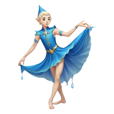 elf male dancer with water-like dress, graceful pose on wet sand, splashes, pointy ears, serene expression, centered emoji, ethereal blue colors sticker