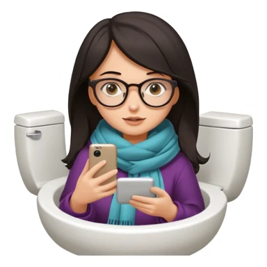 Fille châtain foncé avec lunettes. Elle porte une grosse écharpe. Elle est dans une cuvette de toilette. Téléphone en main. Realiste sticker