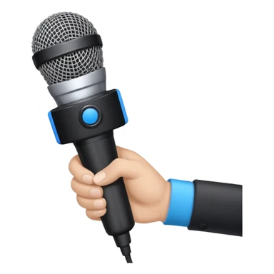 hand holding black stage microphone with blue strip on bottom sticker