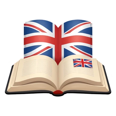 Minimalistic flat vector icon, iOS style, thin black contour on white background. Open book with a small UK/USA flag symbol. No text, no shadows. sticker