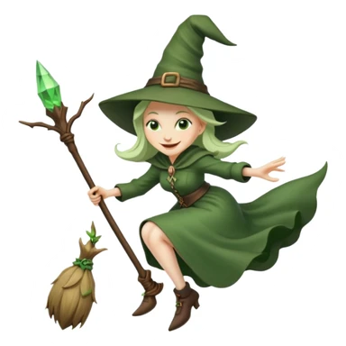 Traditional green old witch flying on a broom emoji sticker