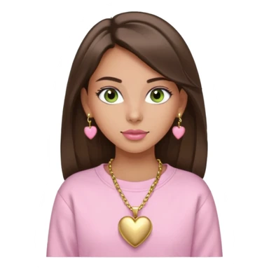 Create a teen girl wearing a light pink sweatshirt. She will have brunette hair, tan skin, pink lips, and grey-green eyes. She has long eyelashes. She is wearing gold stud earrings and a gold necklace with a heart-shaped pendant. sticker