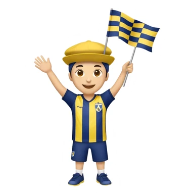 I want a yellow circle emoji (not a human emoji) holding a yellow and navy blue checkered flag in both hands, wearing a yellow and navy blue hat, dancing, and smiling. The emoji should also have Fenerbahçe’s striped jersey either on itself or on the flag.” sticker
