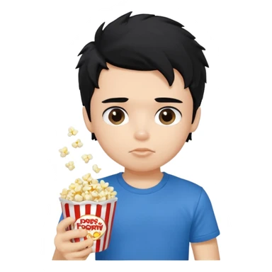 generate a pretty fair bratz boy with a blue tshirt on. eating popcorn. messy black hair sticker