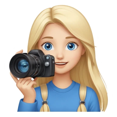  blue eyes blonde girl photographer cartoon taking picture in middle of taking picture camera in front of face long hair smiling funny flash professional, camera in front of face sticker