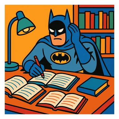 Batman studying with books and notebooks, study environment, illustration style sticker