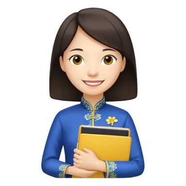 Teacher emoji but : european volume dark brown hair, light skin, no glasses, dark eyes, with a computer folder in the hand (color is yellow), being a teacher, wearing a chinese qipao ( dark blue), smile with teeth





 sticker