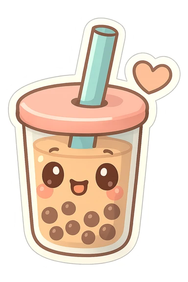 chibi sticker-style bubble tea with a heart accent, cute and exaggerated sticker