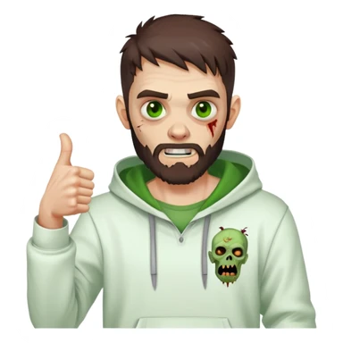 zombie with thumbs up gesture, undercut hairstyle with dark brown hair, short full beard, green eyes, wearing plain white hoodie sticker