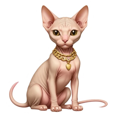 hairless Sphynx cat full body sitting, wearing a gold chain, winking sticker