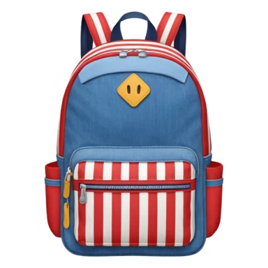  blue denim backpack with red, white, and navy stripes, similar to a Tommy Jeans design. Minimalistic, cartoon-like, front-facing."
 sticker