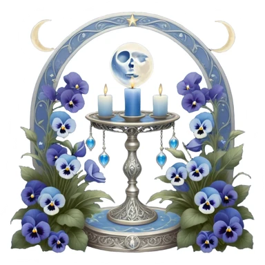 A mystical scene where deep blue and light blue pansies bloom under a silver crescent moon, casting an ethereal glow across the enchanted garden. A round, pearl-colored candle flickers atop an ornate silver stand, its wax melting into swirling patterns resembling planetary orbits. Surrounding it, a set of celestial tarot cards—The Moon, The Star, and The High Priestess—are carefully placed, their intricate silver engravings shimmering with divinatory power. The background sky is adorned with floating zodiac constellations, softly pulsing as if alive, while a trail of stardust leads to a glowing cosmic portal that opens into a swirling galaxy. sticker