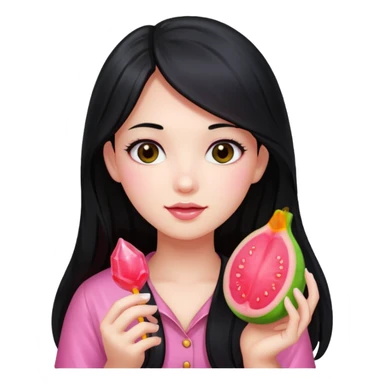 A girl with long black hair holding a piece of guava hard candy sticker