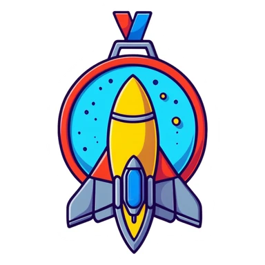 cartoon-style sci-fi medal for Star Citizen Hathor activity, features a star and spaceship, bright colors, exaggerated shapes, fun and eye-catching sticker