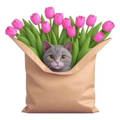 A cat peeking out of a bag filled with pink tulips sticker