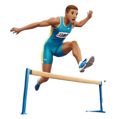 An icon of an athlete soaring over a hurdle, mid-jump, with a powerful form. The background features a vibrant stadium, with the track and hurdles in sharp focus, and a cheering crowd along the stands. The motion of the jump emphasizes speed and agility. Transparent background. sticker
