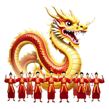Cinematic Realistic scene of a Chinese Dragon Dance featuring performers energetically holding a vibrant dragon model aloft, with intricately detailed scales and dynamic flowing costumes, illuminated by festive red and gold lighting that captures the spirit of celebration. sticker